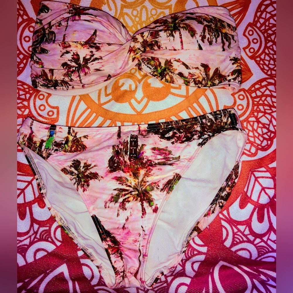 Pink Tropical Print Bandeau Bikini